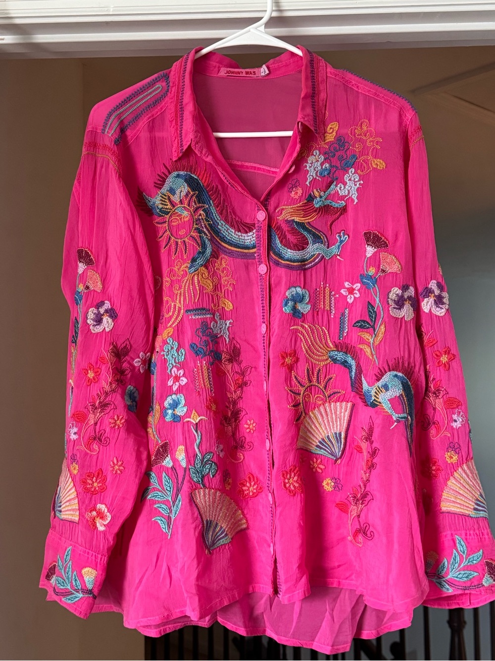 JOHNNY WAS Velouria Embroidered Hot Pink Button-Up Blouse